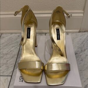 Nine West Metallic Gold Ankle-Strap Block Heels